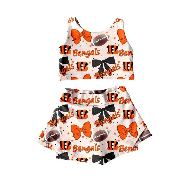(Custom Design Preorder MOQ 5) Team's BENGALS Football Bows Print Shorts Skirts Girls Summer Yoga Clothes Set