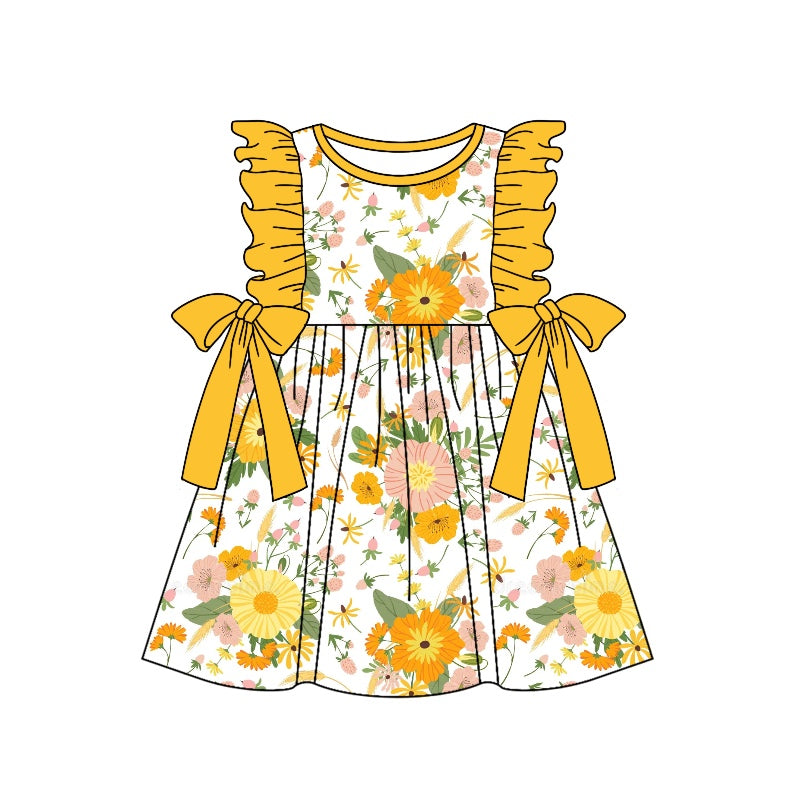(Custom Design Preorder MOQ 5) Yellow Flowers Print Girls Knee Length Summer Dress