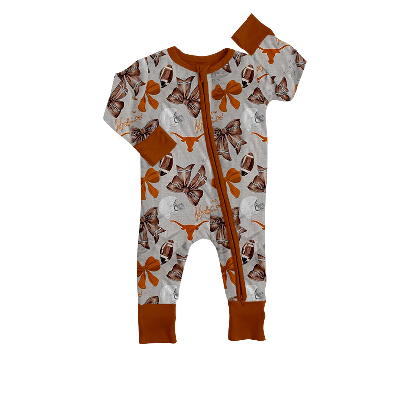 (Custom Design Preorder MOQ 20) Team's LONGHORNS Bows Print Baby Girls Fall Bamboo Sleeper Zipper Romper