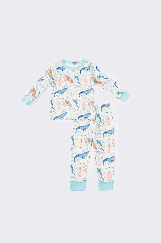 (Custom Design Preorder MOQ 20)  Shark Turtle Print Boys Pajamas Bamboo Clothes Set