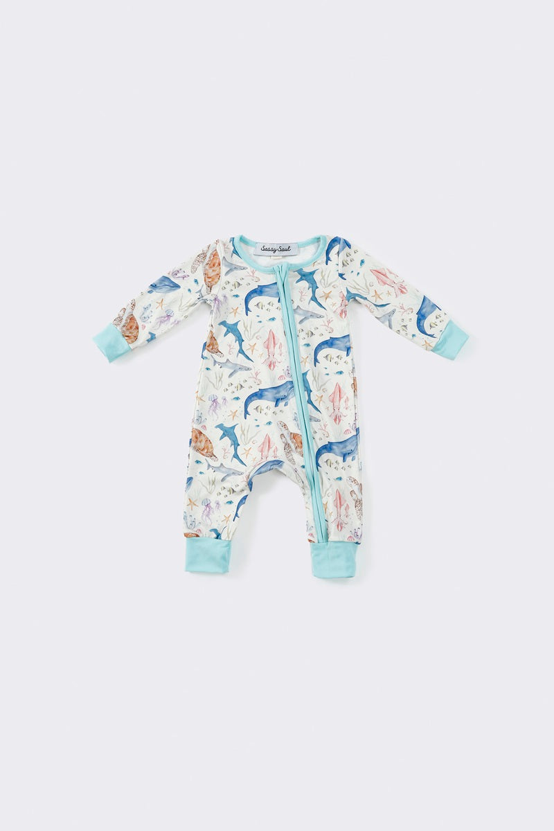 (Custom Design Preorder MOQ 20) Shark Turtle Print Baby Boys Bamboo Sleeper Zipper Romper