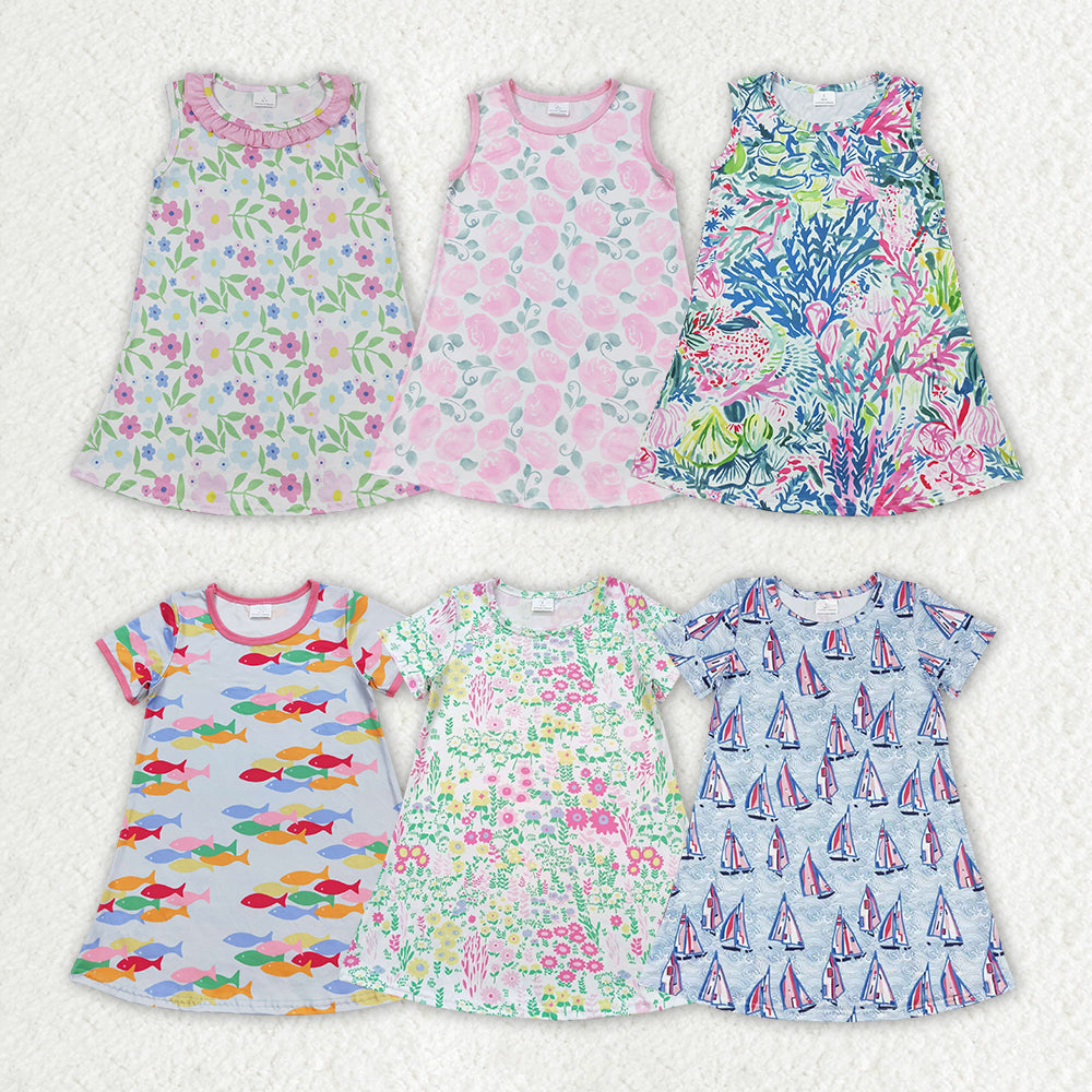 Flowers Print Girls Summer Fashion Knee Length Dress Sisters Wear