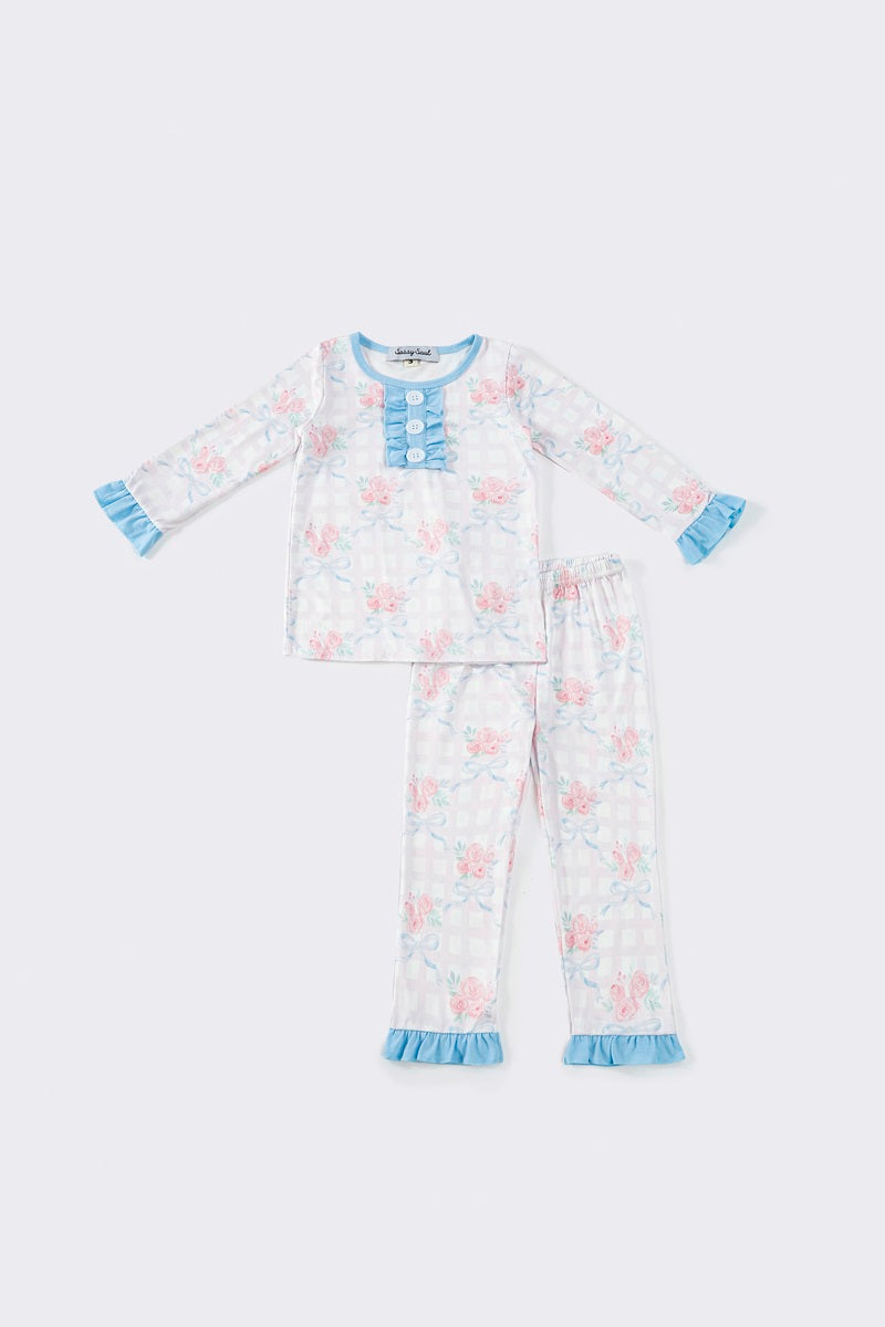 (Custom Design Preorder MOQ 5) Flowers Bows Print Girls Spring Pajamas Clothes Set