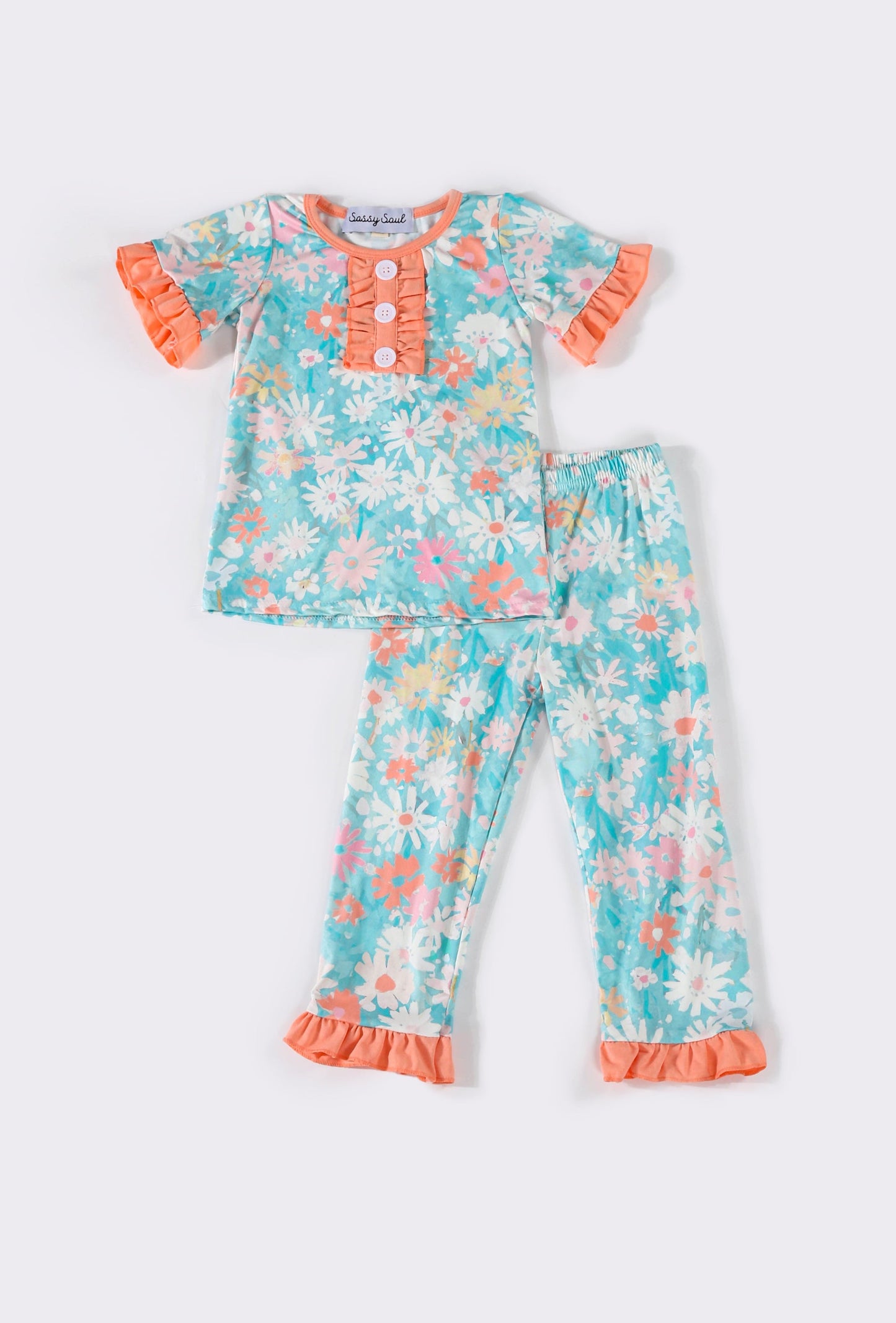 (Custom Design Preorder MOQ 5) Flowers Blue Print Girls Spring Pajamas Clothes Set