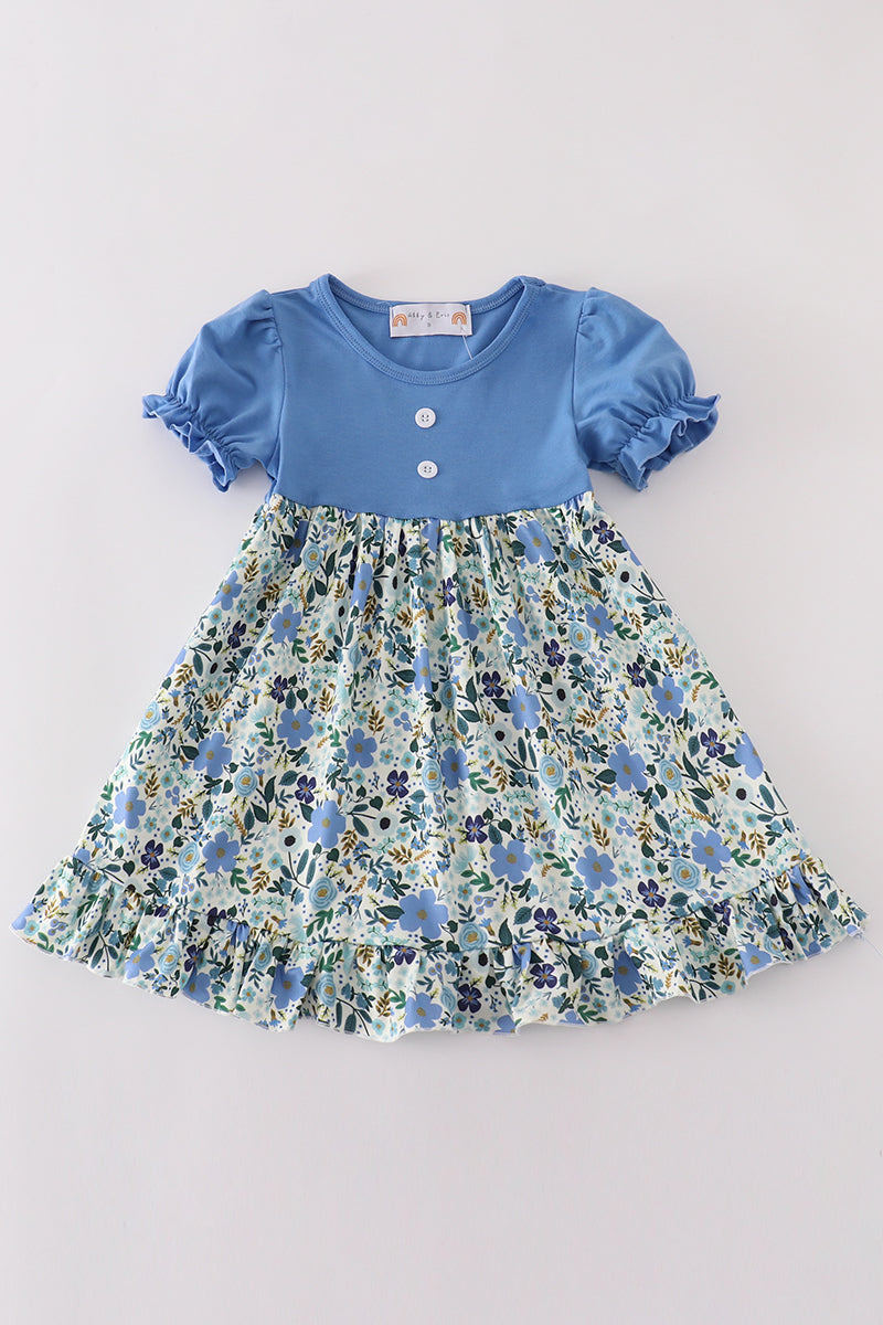 (Custom Design Preorder MOQ 5) Blue Flowers Print Girls Spring Knee Length Dress