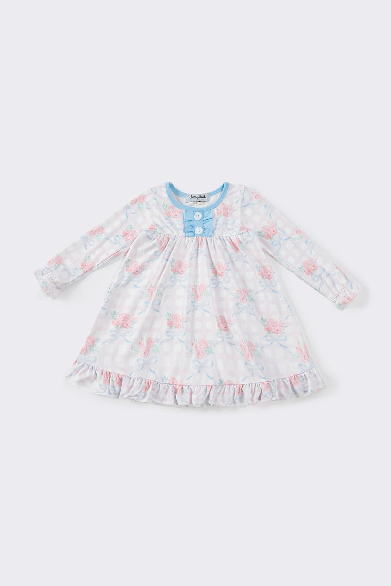 (Custom Design Preorder MOQ 5) Flowers Bows Print Girls Spring Knee Length Dress