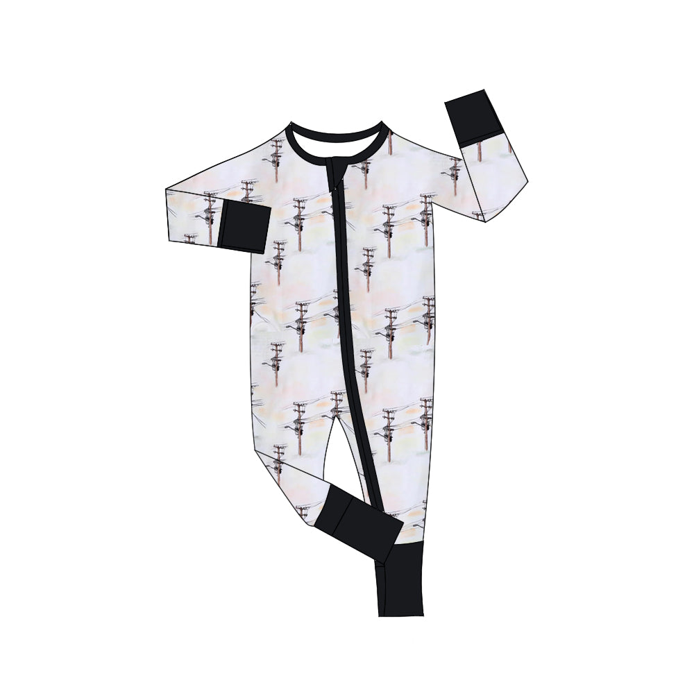 (Custom Design Preorder MOQ 5) Utility Pole Print Baby Fall Sleeper Zipper Romper