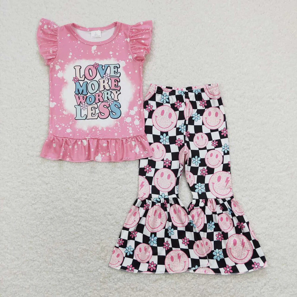 GSPO1311 LOVE MORE WORRY LESS Smiling Flowers Print Girls Valentine's Clothes Set