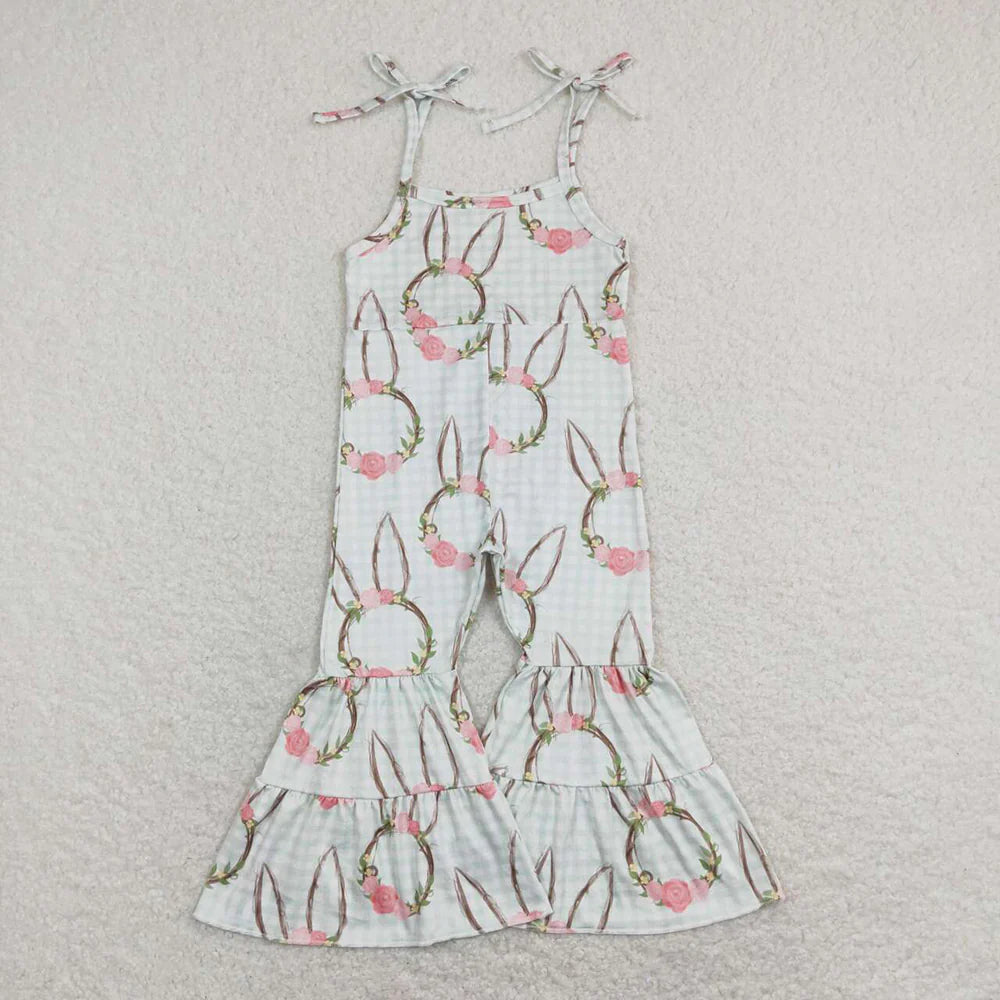 SR0875 Bunny Flowers Print Girls Easter Jumpsuit