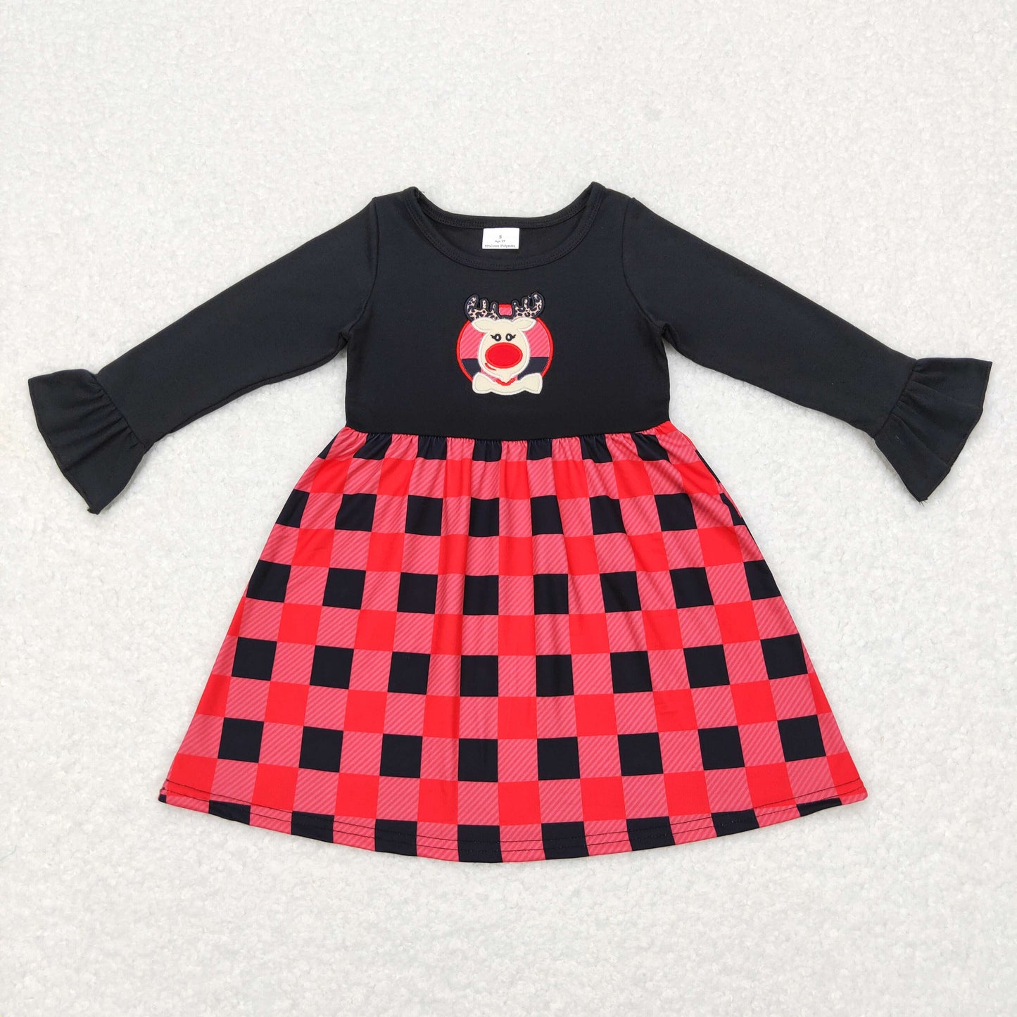 GLD0423 Deer Embroidery Print Girls Christmas Knee Length Dress