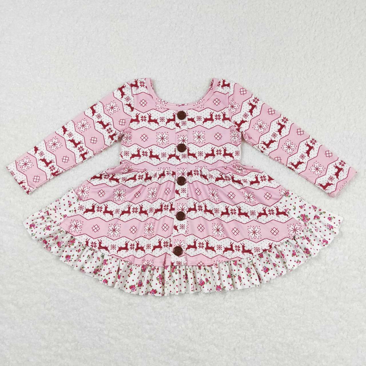 GLD0433 Pink Deer Print Girls Buttons Knee Length Christmas Dress