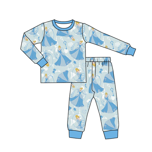(Custom Design MOQ 5)  Cartoon blue princess kids pajamas