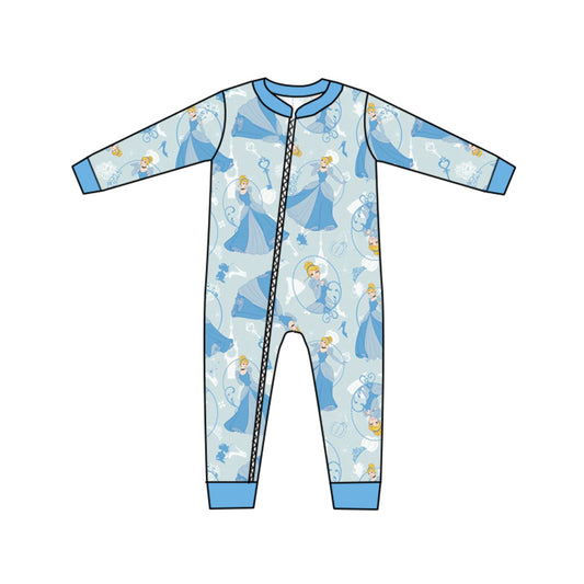 (Custom Design MOQ 5) Cartoon blue princess baby girls zipper romper