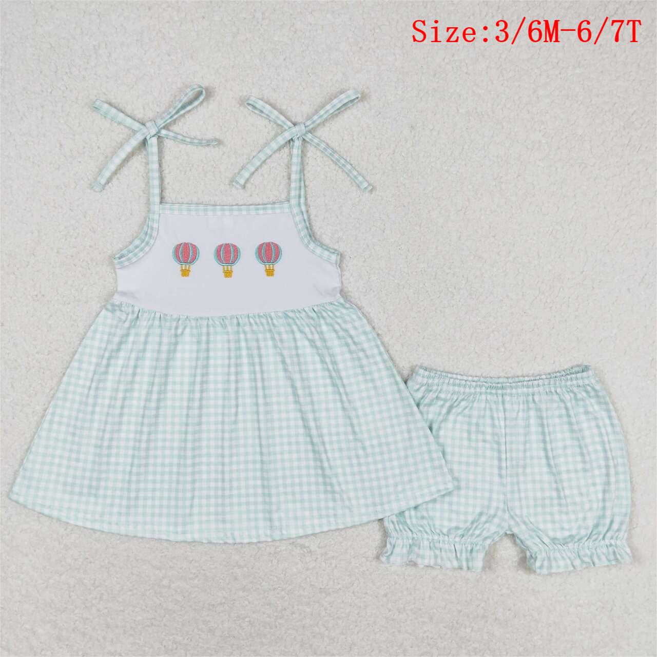 GSSO0982 Hot Balloons Embroidery Tunic Strap Top Plaid Shorts Girls Summer Clothes Set