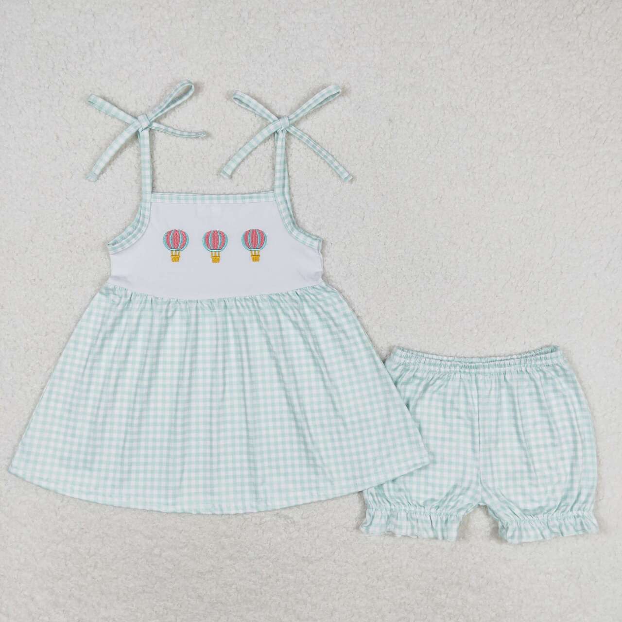 GSSO0982 Hot Balloons Embroidery Tunic Strap Top Plaid Shorts Girls Summer Clothes Set