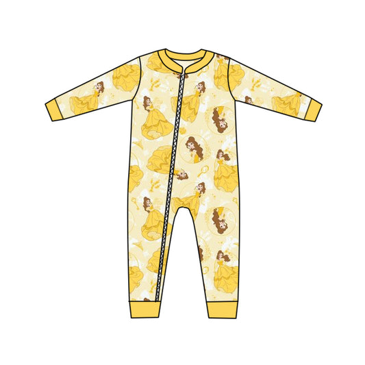 (Custom Design MOQ 5) Cartoon yellow princess baby girls zipper romper