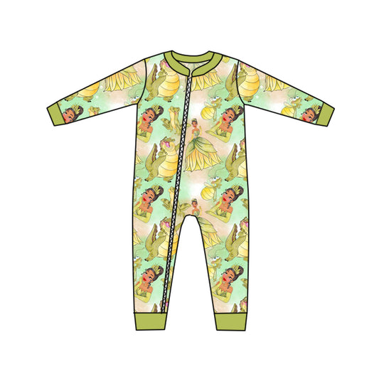 (Custom Design MOQ 5) Cartoon princess with frog baby girls zipper romper