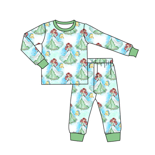 (Custom Design MOQ 5) Cartoon redhead princess with fish kids pajamas