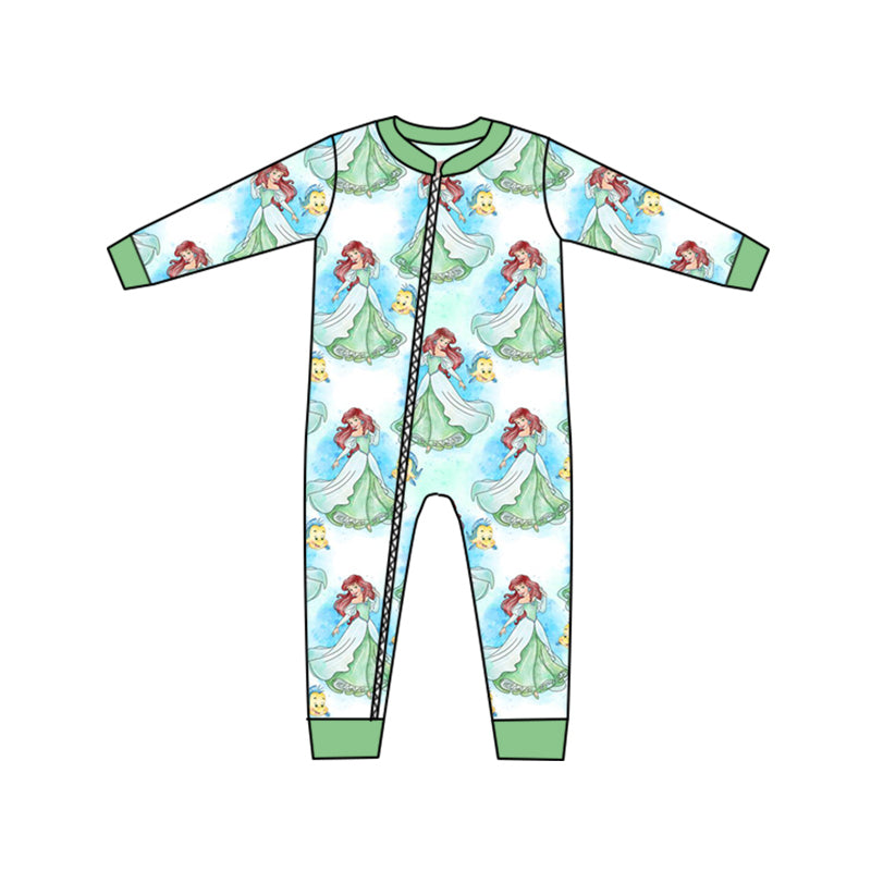 (Custom Design MOQ 5) Cartoon redhead princess with fish baby girls zipper romper