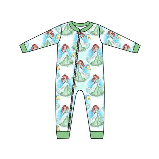 (Custom Design MOQ 5) Cartoon redhead princess with fish baby girls zipper romper