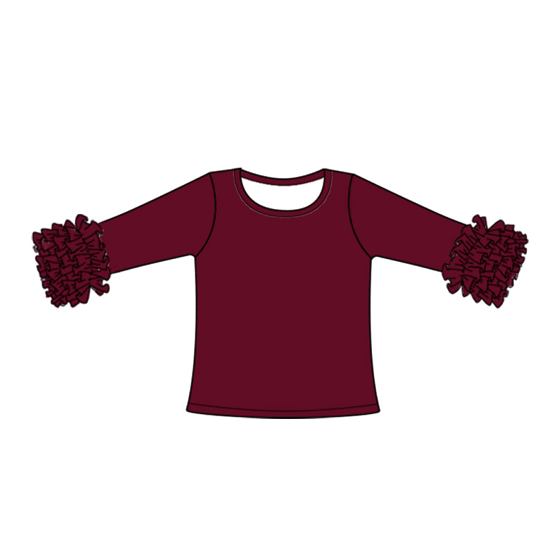 (Custom Design Preorder MOQ 5) Maroon Color Girls Icing Ruffle Long Sleeve Tee Shirts Tops