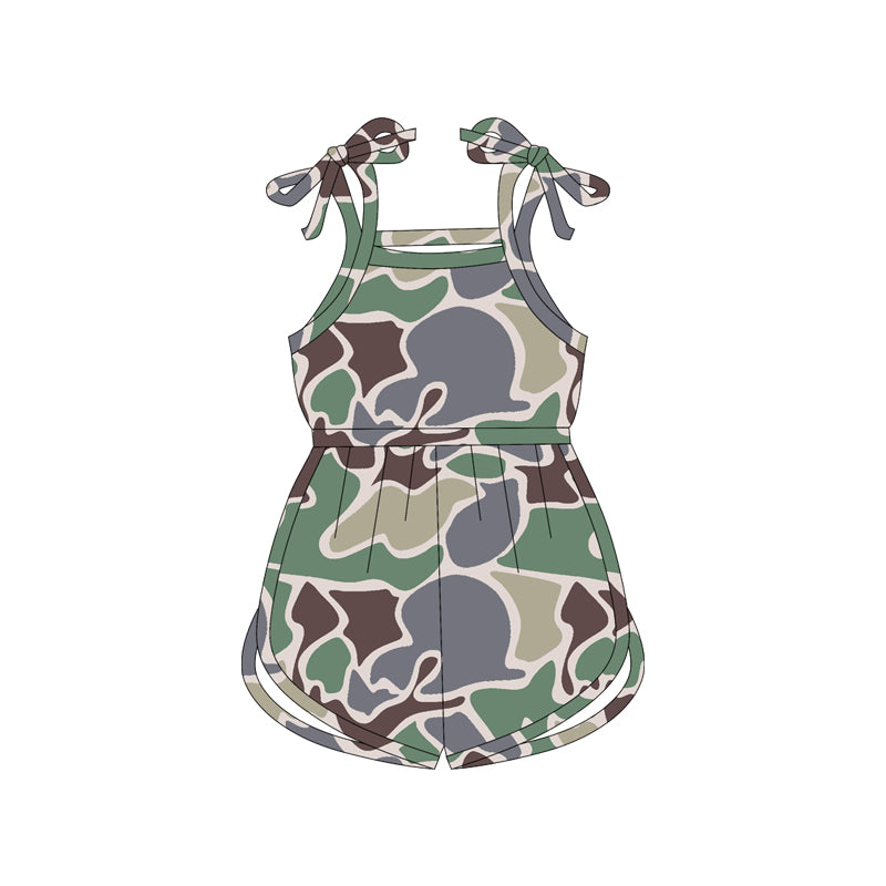 (Custom Design Preorder MOQ 5) Green Grey Camo Print Girls Summer Jumpsuits