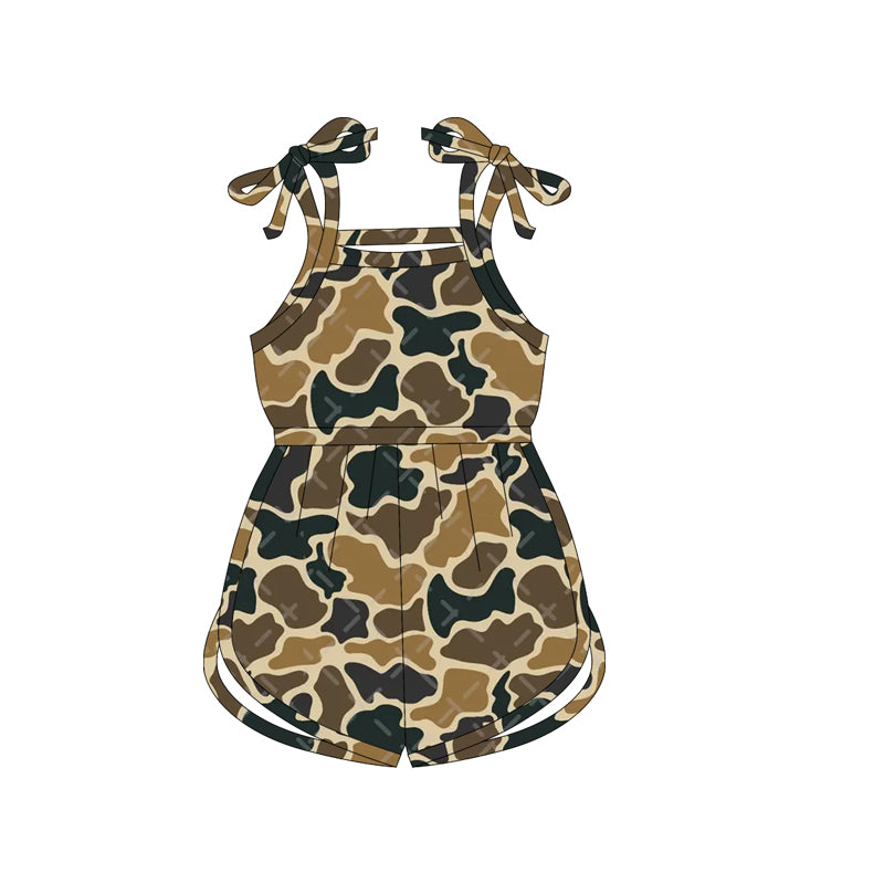 (Custom Design Preorder MOQ 5) Brown Camo Print Girls Summer Jumpsuits
