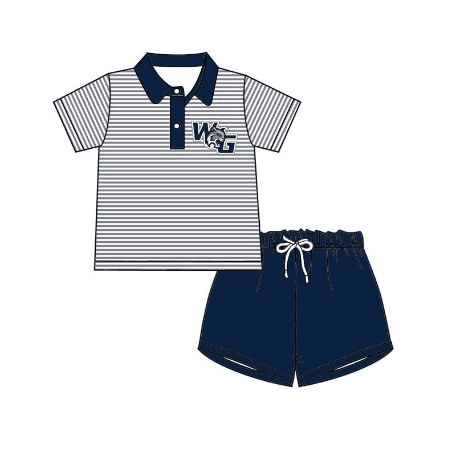 (Custom Design Preorder MOQ 5) Team's Walnut Grove WG Print Polo Top Navy Shorts Boys Summer Clothes Set