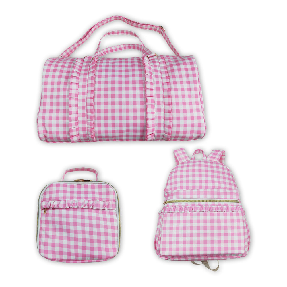 Pink Plaid Print Ruffle Girls Go to School Bags Overnight Bag Backpack Lunch Boxes