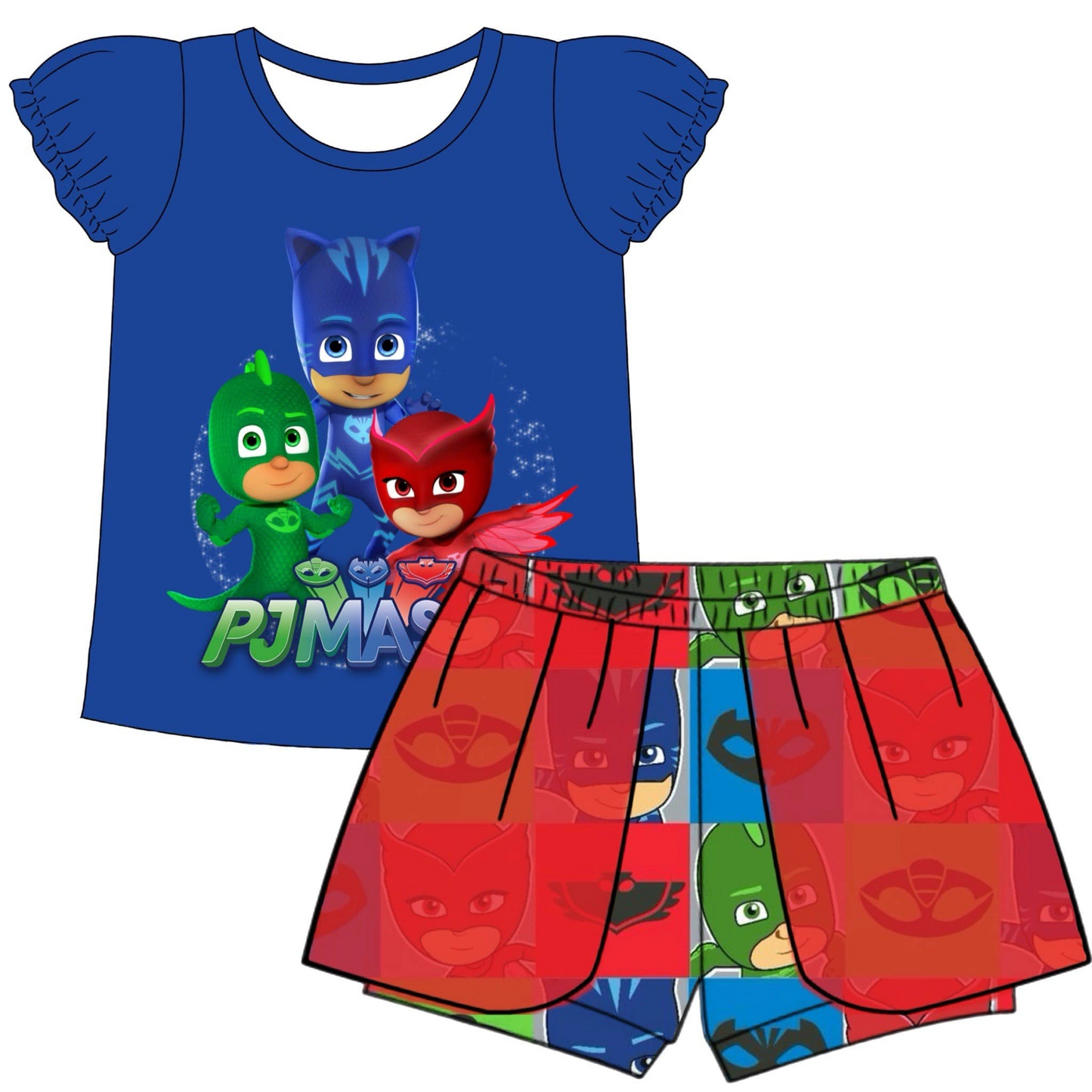 (Custom Design Preorder MOQ 5) Cartoon Masks Print Girls Summer Clothes Set