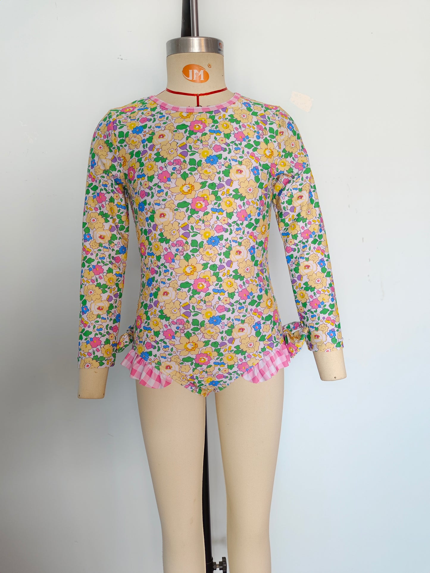 S0191 Yellow Flowers Print 1 Piece Girls Long Sleeve Zipper Swimsuits