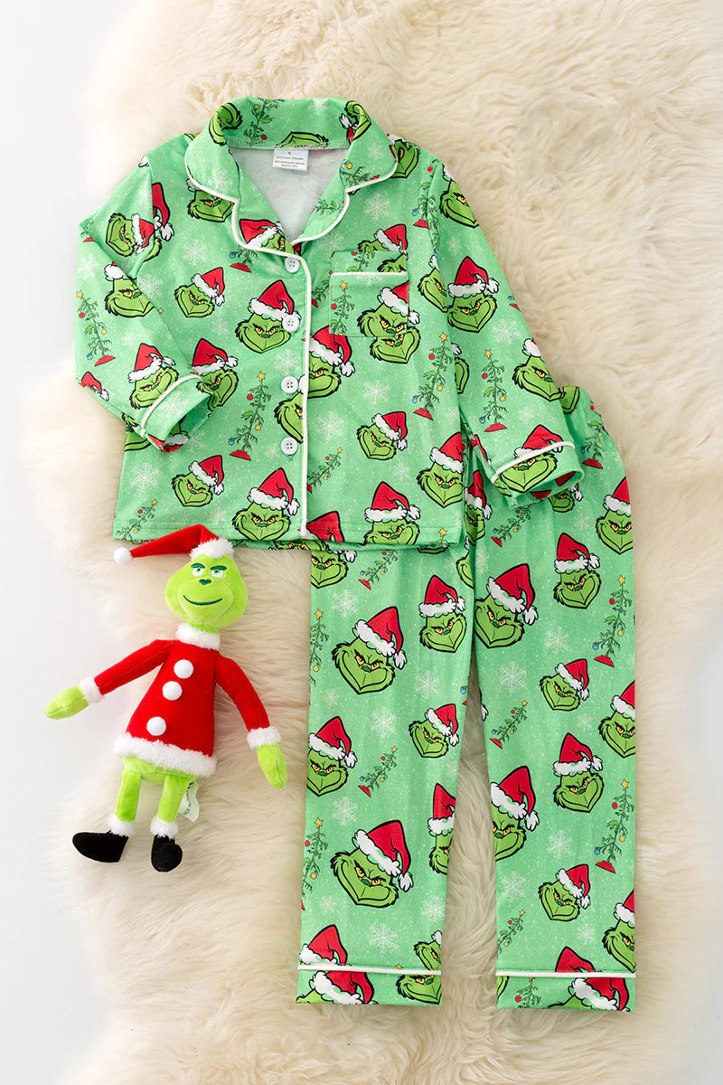 (Custom Design Preorder MOQ 5) Green Frog Print Girls Christmas Buttons Pajamas Clothes Set