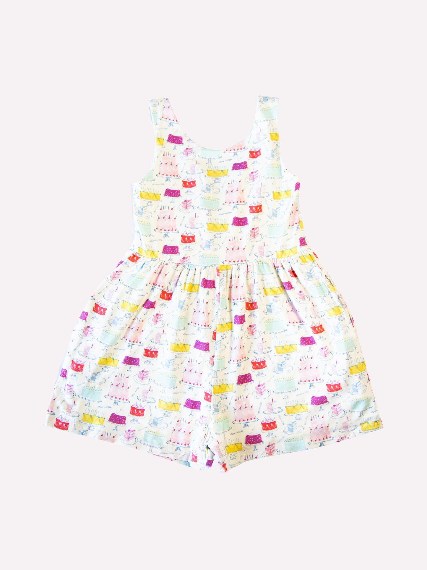 (Custom Design Preorder MOQ 5) Cake Print Pockets Girls Sleeveless Short Leggy Jumpsuits