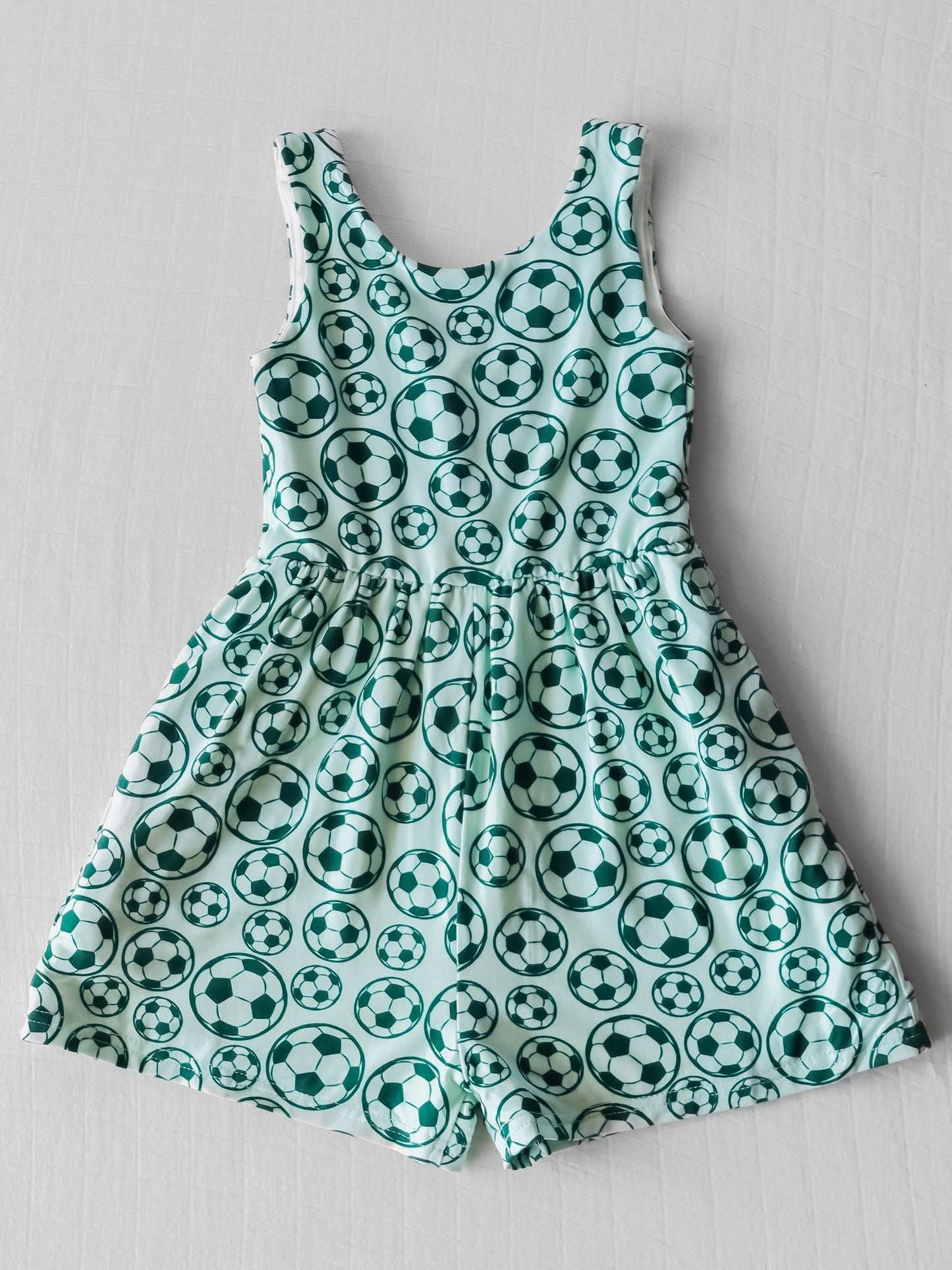 (Custom Design Preorder MOQ 5) Soccer Print Pockets Girls Sleeveless Short Leggy Jumpsuits