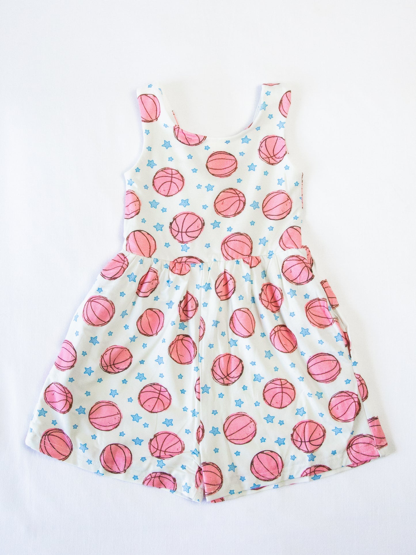 (Custom Design Preorder MOQ 5) Pink Basketball Print Pockets Girls Sleeveless Short Leggy Jumpsuits