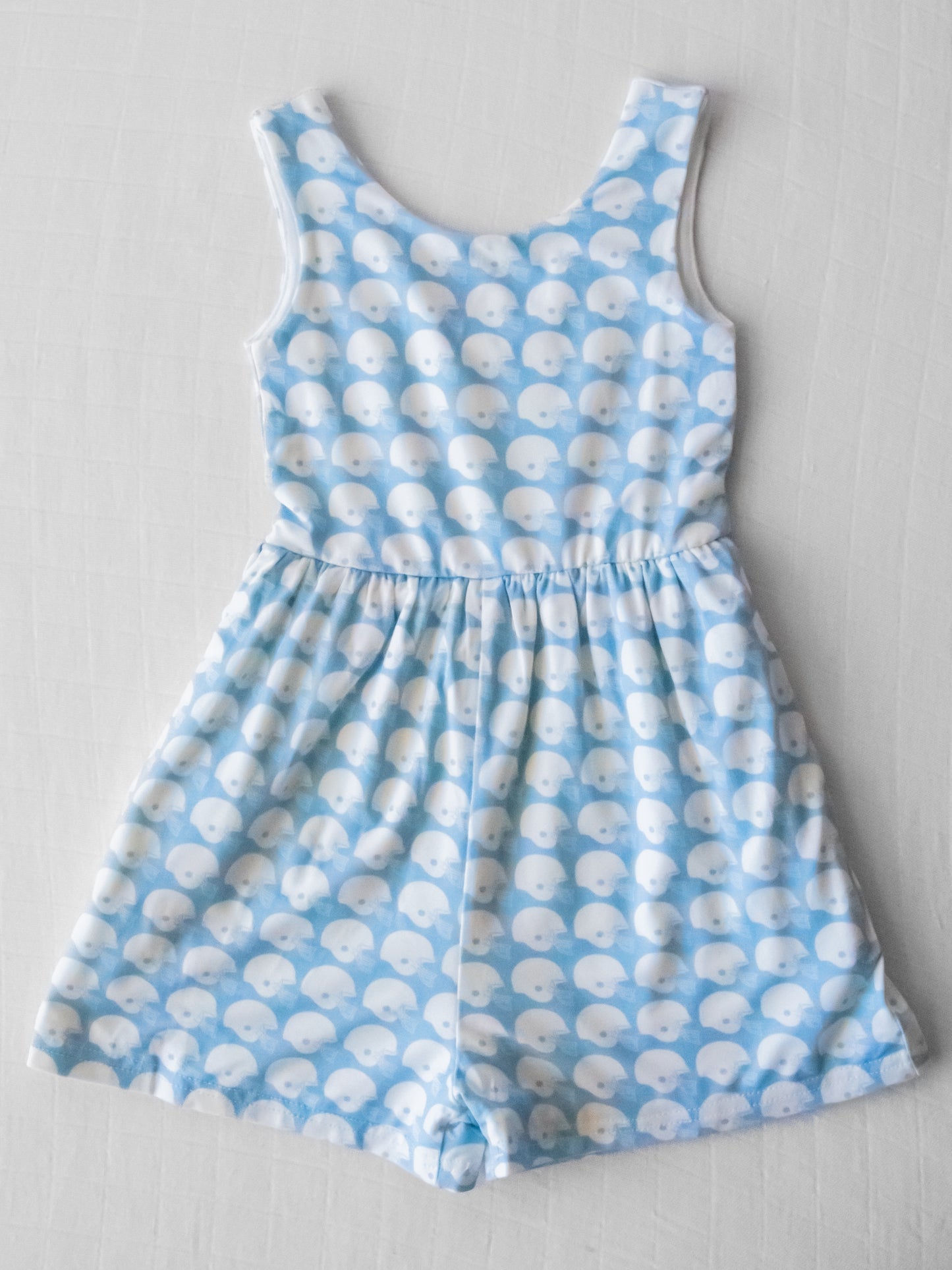 (Custom Design Preorder MOQ 5) Come Back Carolina Blue Print Pockets Girls Sleeveless Short Leggy Jumpsuits