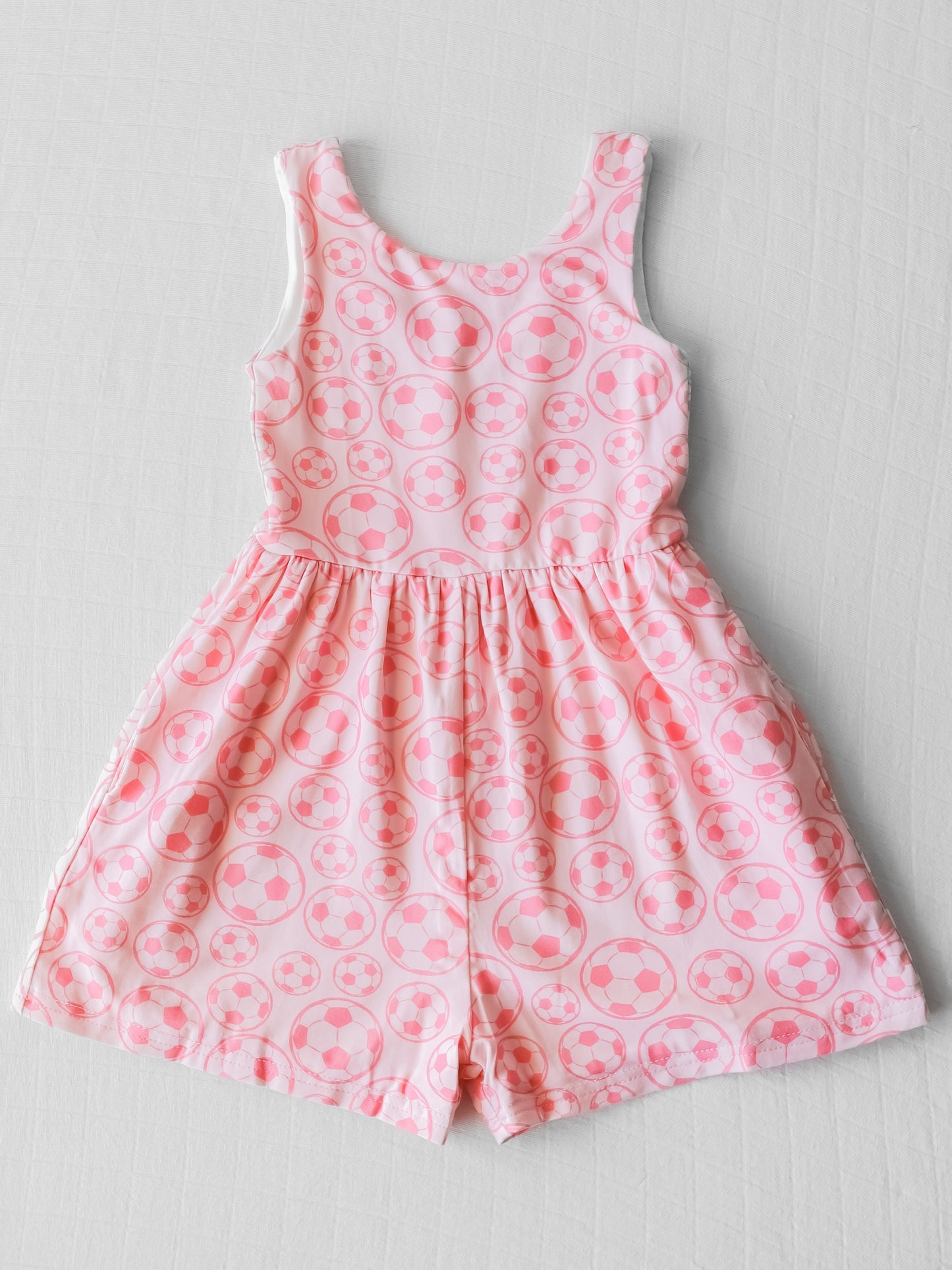 (Custom Design Preorder MOQ 5) Soccer Pink Print Pockets Girls Sleeveless Short Leggy Jumpsuits
