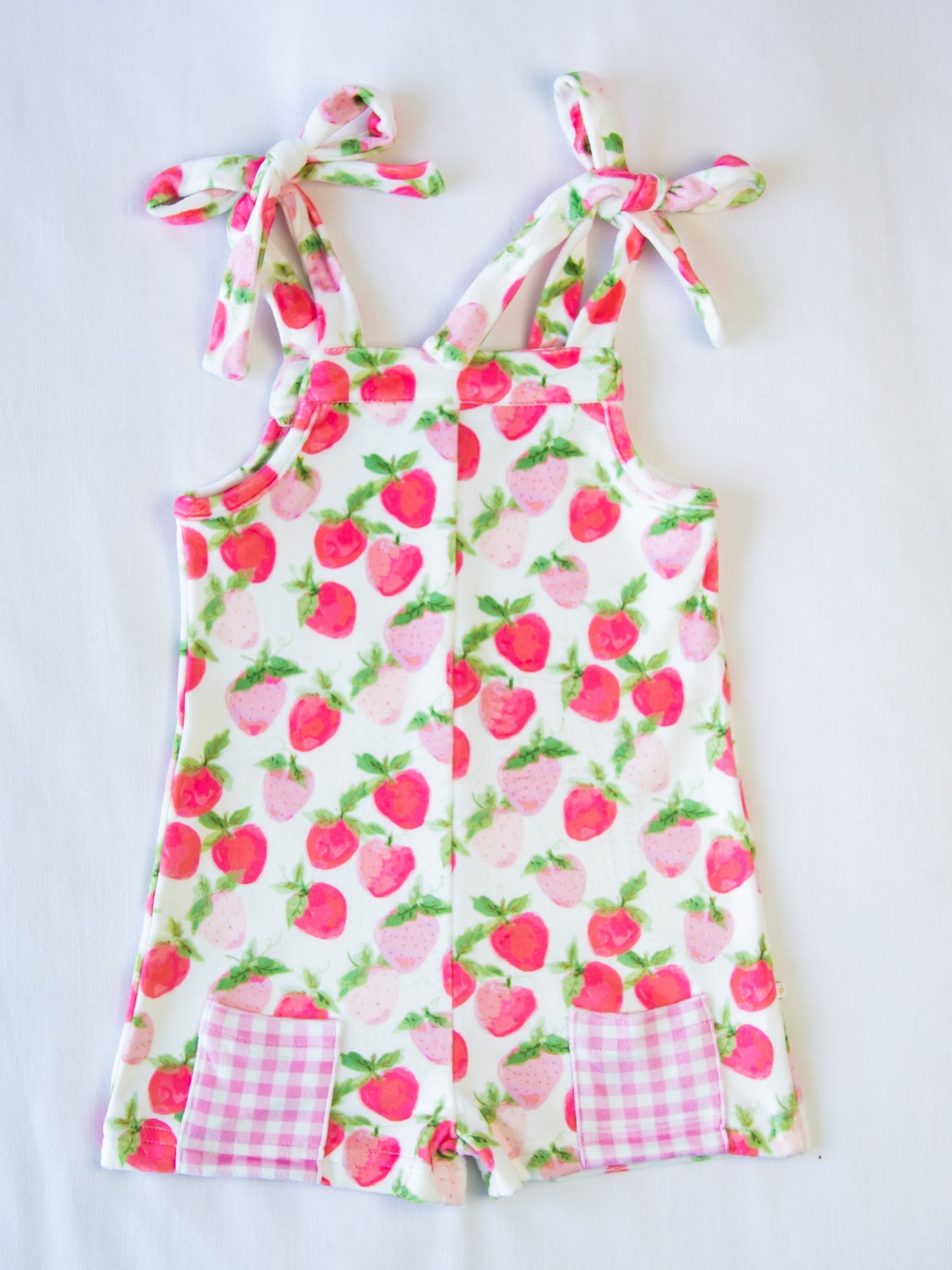 (Custom Design Preorder MOQ 5) Strawberry Print Pockets Girls Strap Jumpsuits