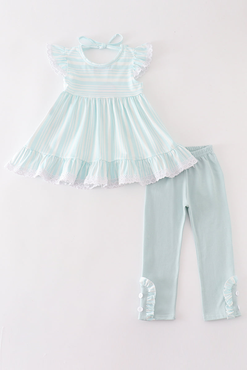 (Custom Design Preorder MOQ 5) Light Blue Stripes Tunic Top Pants Girls Spring Clothes Set