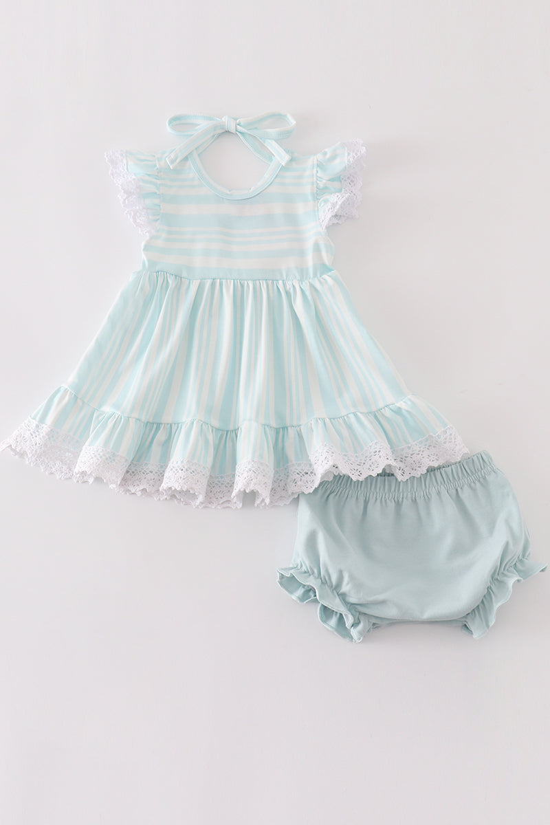 (Custom Design Preorder MOQ 5) Light Blue Stripes Print Baby Girls Spring Bummie Set
