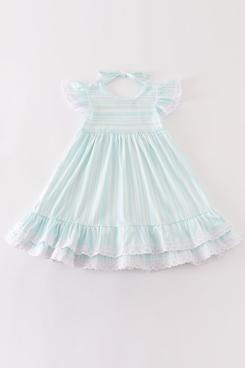 (Custom Design Preorder MOQ 5) Light Blue Stripes Print Girls Spring Knee Length Dress