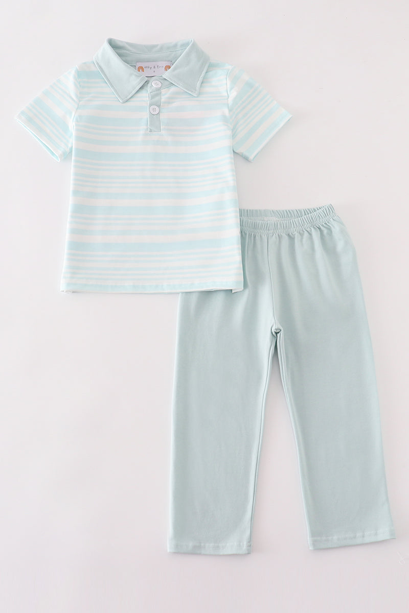 (Custom Design Preorder MOQ 5) Light Blue Stripes Polo Top Pants Boys Spring Clothes Set