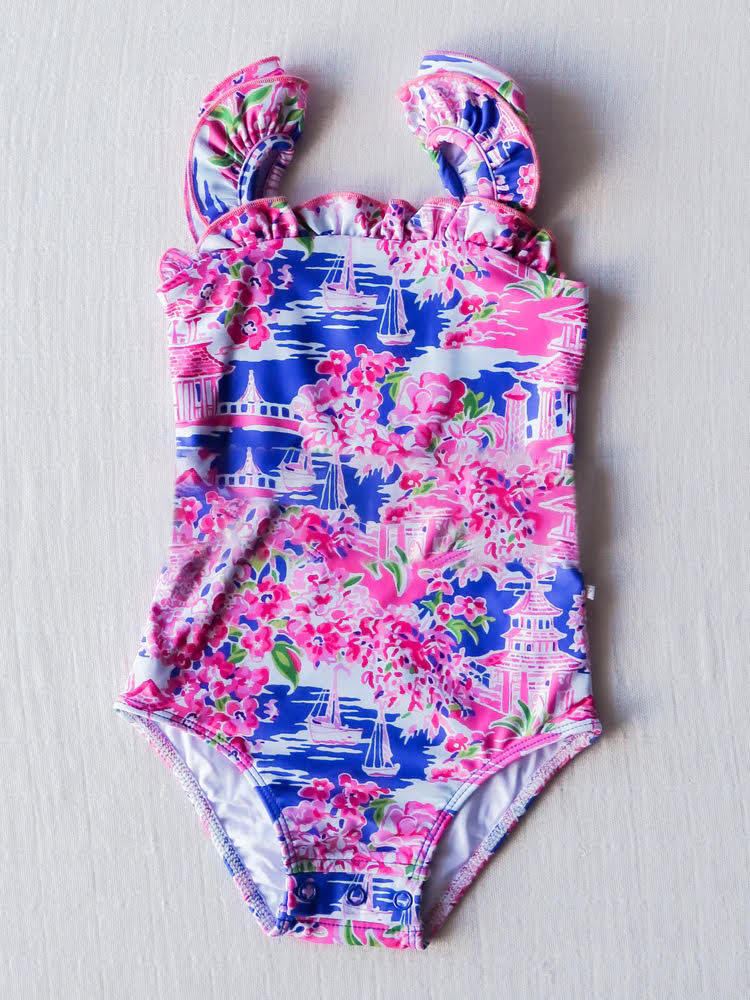 (Custom Design Preorder MOQ 5) Hot Pink Print Girls 1 Piece Swimsuits
