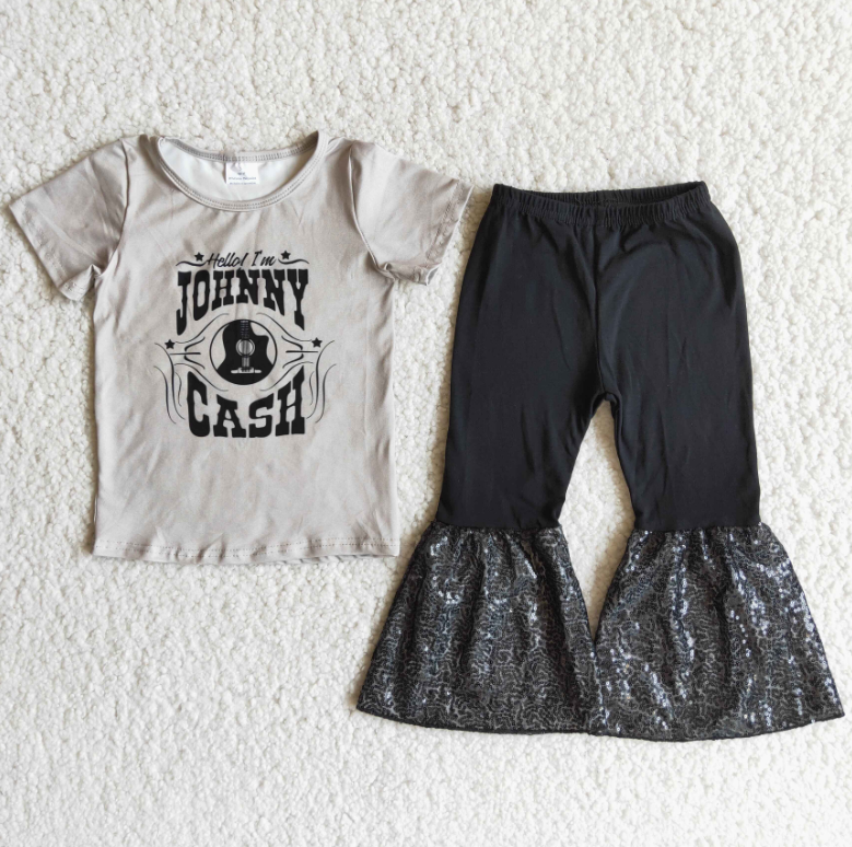 (Promotion) Short sleeve bell bottom sequin ruffle pants outfits A17-14