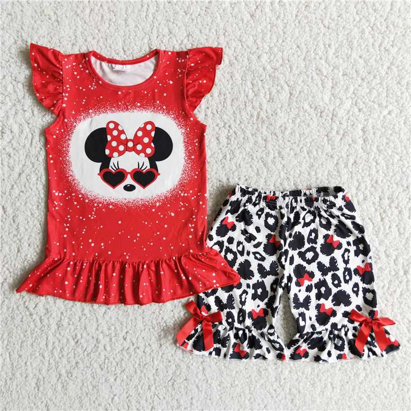 (Promotion)Flutter sleeve Ruffles shorts cartoon mouse summer outfits D7-29