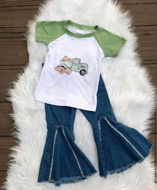 Girls pumpkin short sleeve top jeans pants outfit  	 A15-13+ D6-29