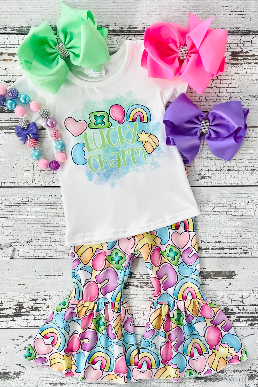 Girls LUCK CHARM print St. Patrick's Day bell pants outfit GSPO0303