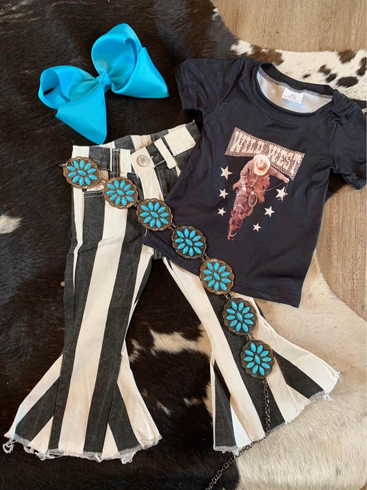 Girls wild west black stripes Denim bell Pants outfits  GSPO0500