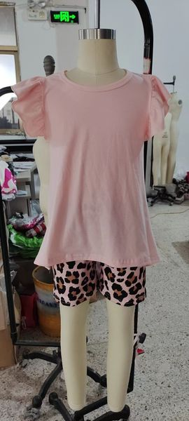 (Promotion)Girls pink cotton top leopard print shorts summer outfits  GSSO0246