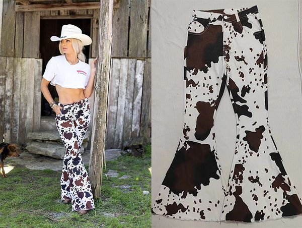 Adult cow print denim western bell bottom jeans P0120
